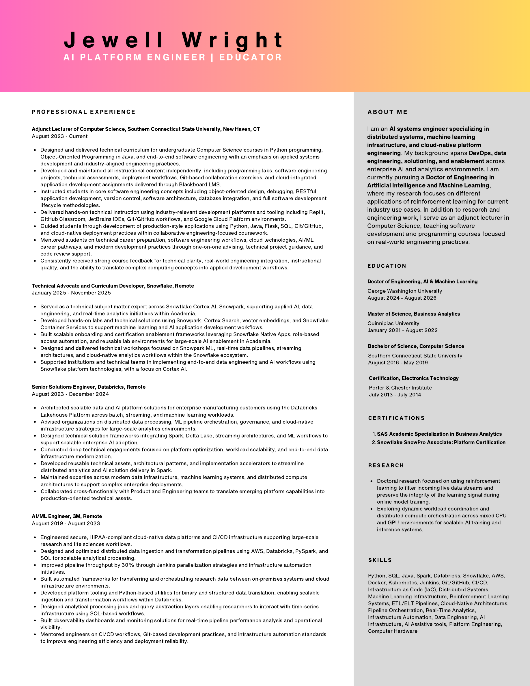 Resume for Jewell Wright, AI Platform Engineer and Educator.